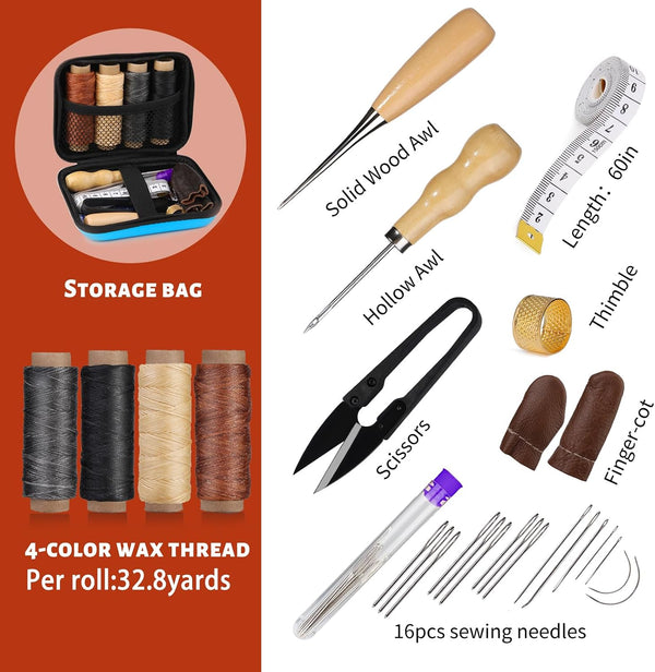 Leather Sewing Kit Leather Stitching Kit with Sewing Awl Waxed Thread Multicolor - Standard