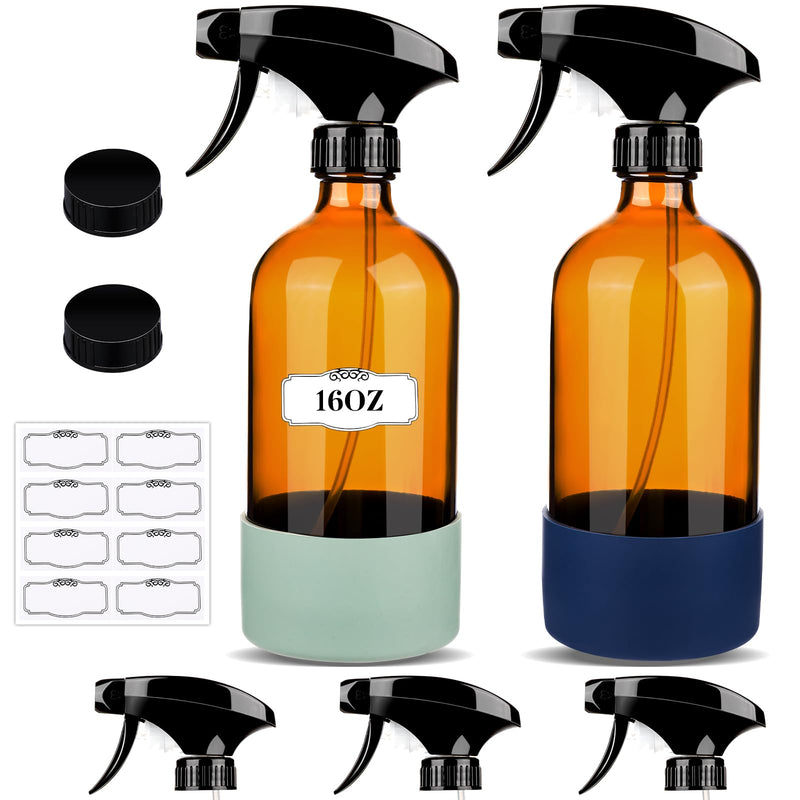 ZENOWICK 2 Pack/16 Oz Glass Spray Bottles, Refillable Empty Containers with Silicone Sleeve, Upgraded Adjustable Nozzle Spray Bottle Sets for
