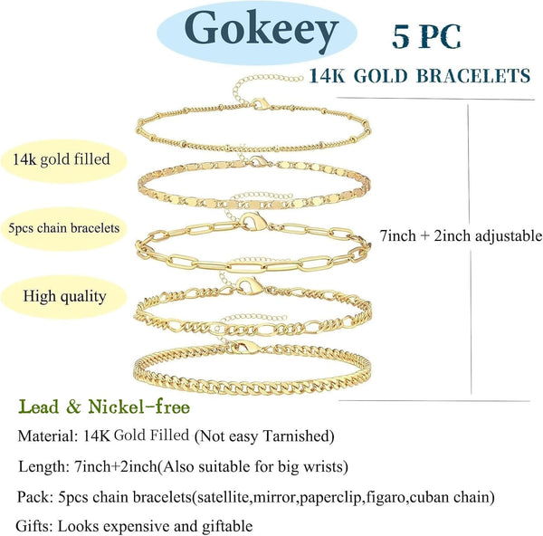 Gold Bracelets for Women Trendy,14K Real Gold Plated Dainty Stackable Paperclip Cuban Link Chain Bracelets,Cuff Bracelets Jewelry Set Adjustable 7"+2