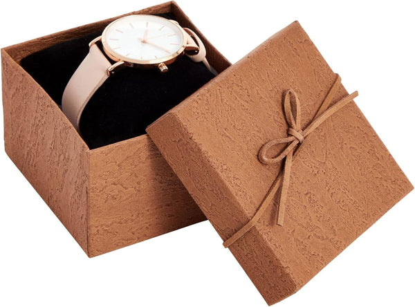 Juvale Bracelet Gift Box 6-Pack - 3.5 x 3.5 x 2.3 in, Brown Country-Rustic Cardboard - Velvet Pillow & Faux Leather Bow Lid - Tiny Jewelry Gift