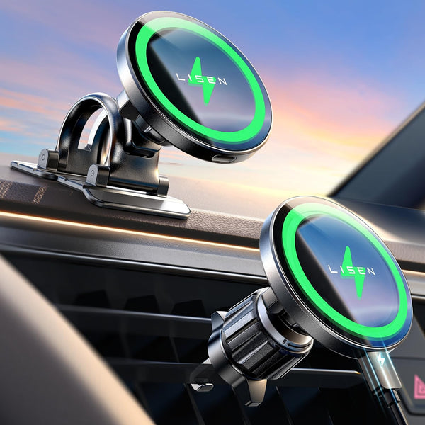 LISEN 15W MagSafe Car Mount Charger, Magnetic Phone Holders for Your Car Black Gray 1 Count