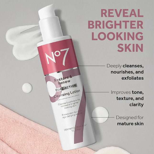 No7 Restore & Renew Dual Action Cleansing Lotion - Facial Cleanser & Exfoliant w