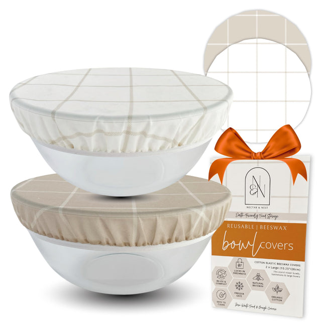 Nectar & Nest Reusable Bowl Covers for Bread Proofing (2 Lg) - Beeswax Bowl Covers Reusable, 100% Organic Cotton, Elasti