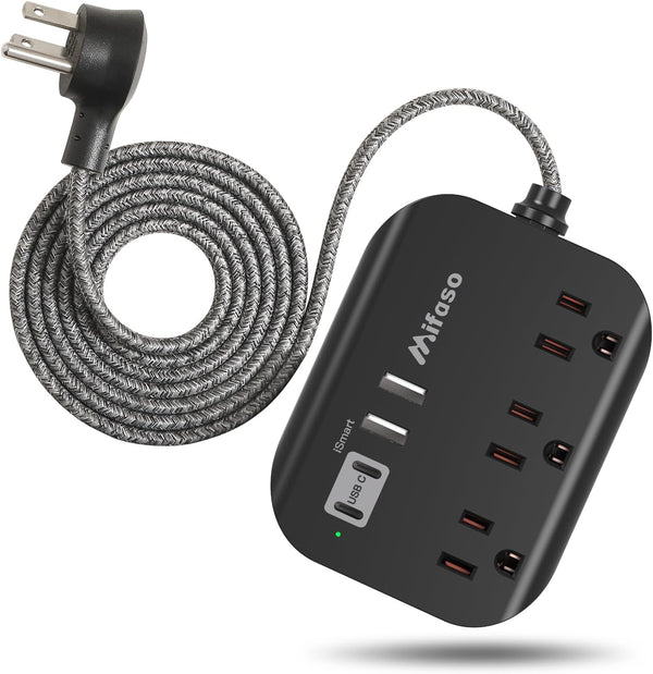 Cruise Ship Essentials - Mifaso Power Strip with USB, Mountable Flat Plug Power Strip with 3 Outlets 4 USB Ports(Smart 3.1A), 5Ft Braided