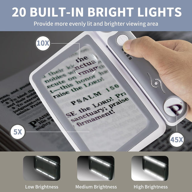 Magnifying Glass with Light, 5X 10X 45X Rechargeable Magnifier with 20 LED Light