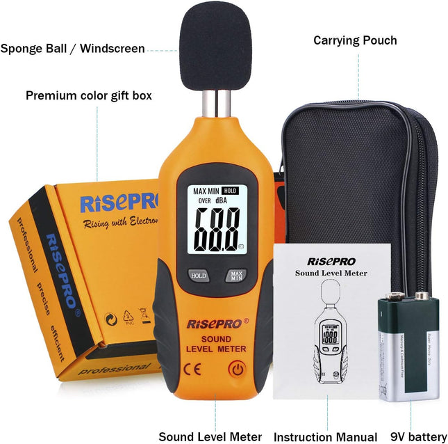 Decibel Meter, RISEPRO® Digital Sound Level Meter 30 – 130 Db Audio Noise Measur