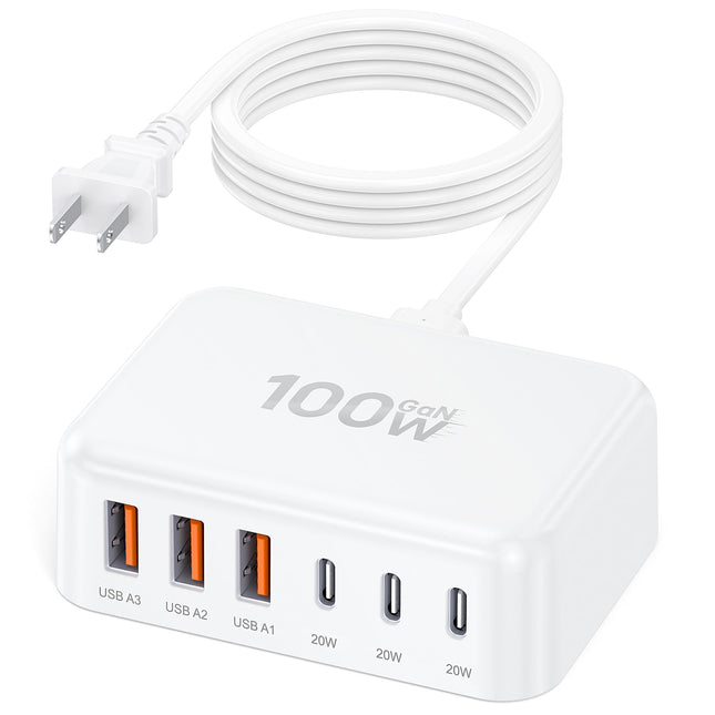 100W 6 in 1 USB Charger, 50% Smaller Charging Station for Multiple Devices A-Whi