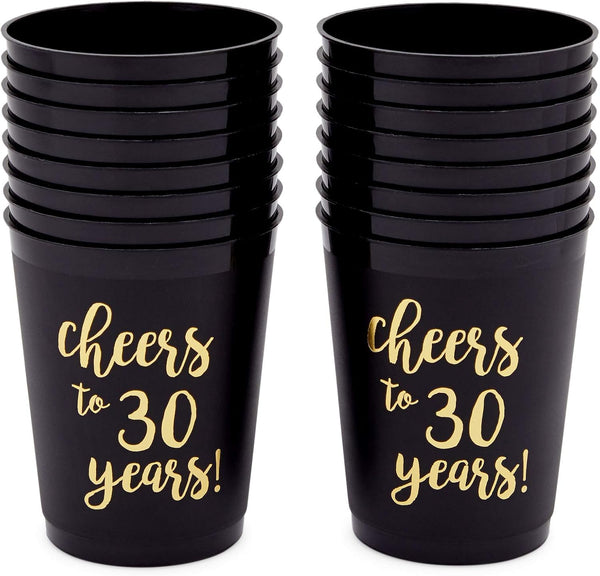 Sparkle and Bash 30th Birthday Cups & Plastic Tumblers - 16 Pack, 16 Oz, Black, Cheers To 30 Years - Party Favors & Wedding Anniversary Celebrations