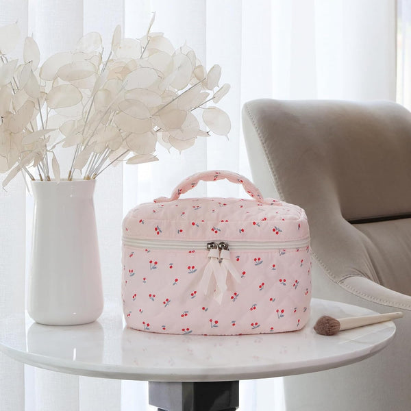 Prite Quilted Makeup Bag Travel Toiletry Organizer for Women (Cherry)
