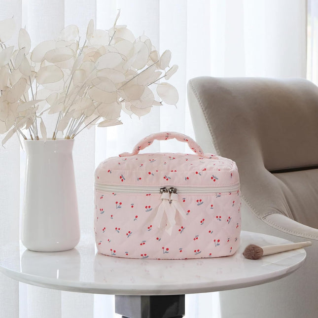 Prite Quilted Makeup Bag Travel Toiletry Organizer for Women (Cherry)