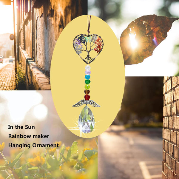 Healing Crystal Decor Tree of Life Car Hanging Accessories Suncatcher with Wings 7 Chakras Window Wall Hanging Decor Meditation Ornaments Home