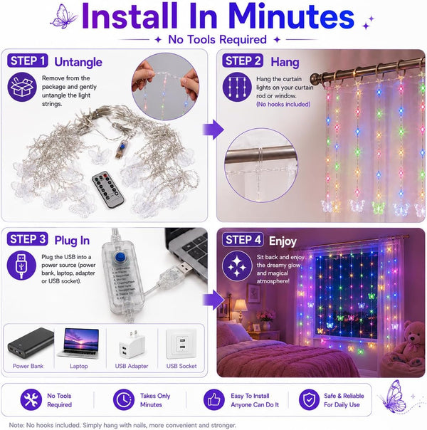 Butterfly Curtain Fairy Lights USB Plug in,8 Modes 120 LED 19.7FT Firefly Twinkle Timer String Lights with Remote, Waterproof Copper Wire for