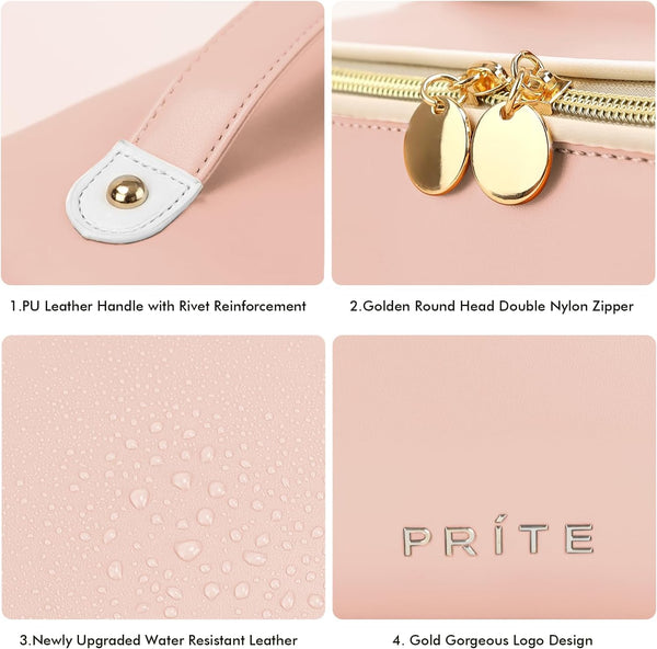 Prite Makeup Bag for Women Travel Waterproof Vegan Leather Cosmetic Bag Open Flat Toiletry Bag with Clear Divider and Handle (Large Pink)