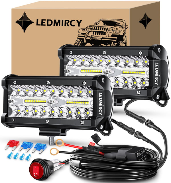 Light Bar,Ledmircy 7 Inch LED Light Bar Kit with round Toggle Switch Wiring Harness 2 Lead White LED Pod Lights Triple Rows Spot Flood Combo Beam