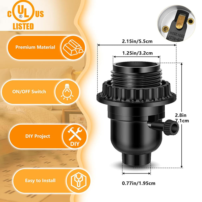 UL Listed E26 Light Socket, Threaded Lamp Socket Replacement with On/Off Switch 