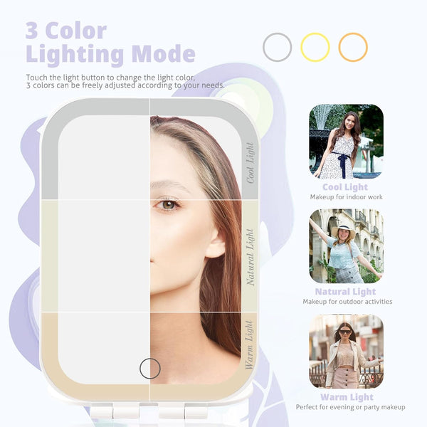 Travel Makeup Mirror, Portable Mirror with 3 Adjustable Light Settings, USB-Rechargeable Vanity Mirror with Lights，Gift for Women and Girls White