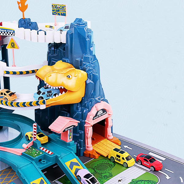 Toy Car Ramp Track Dinosaur Climbing Hills Railcar Colorful Vehicles Construction Play Set with 12 Mini Racer Cars and Track for Preschool Gifts