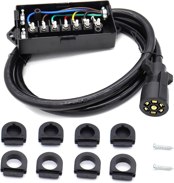 MOCW 6 Foot 7 Pin Trailer Plug Wiring Harness 7 Way RV Trailer Cord Wire with 7 Gang Waterproof Junction Box 6 ft