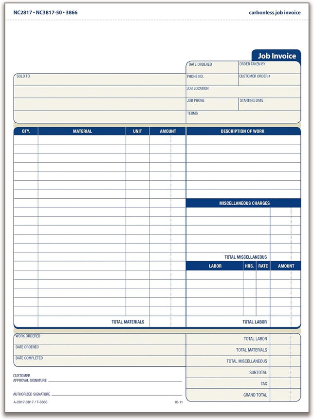 Adams Job Invoice Forms, 2-Part Carbonless, for Service and Repair Billing, 100 Individual Sets per Pack (NC2817), White