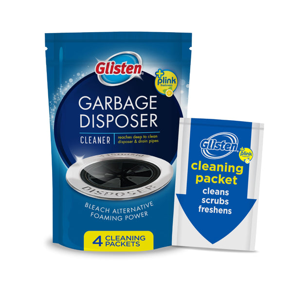 Glisten Garbage Disposer Cleaner and Freshener, Sink Disposal Odor Eliminator with Foaming Action, Lemon Scent, 4 Packets