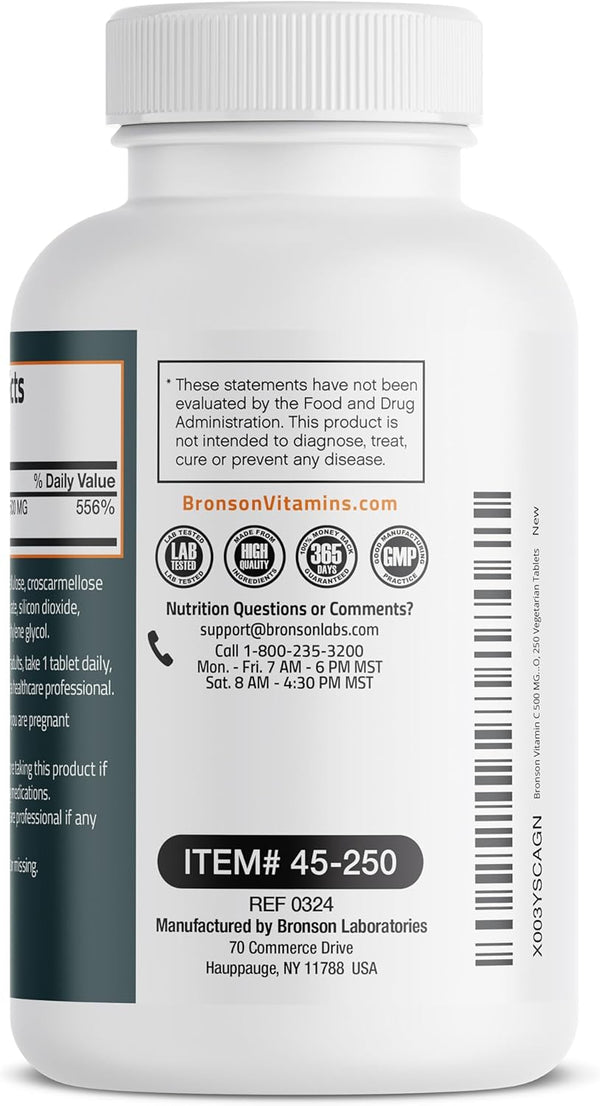 Bronson Vitamin C 500 MG Supports a Healthy Immune System & Antioxidant Protection, Non-Gmo, 250 Vegetarian Tablets