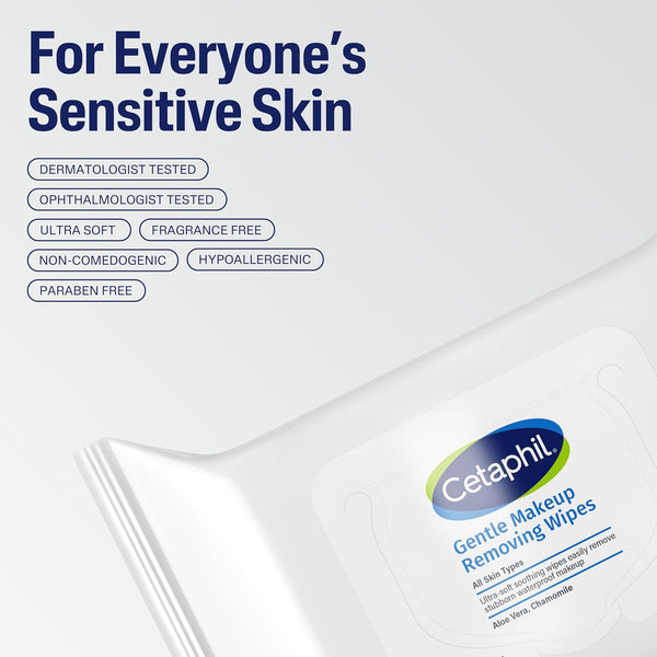 Cetaphil Gentle Makeup Remover Face Wipes, Fragrance Free, 25 Count | Sensitive skin safe, alcohol-free, fragrance-free, daily facial cleansing,
