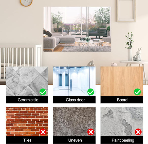 12" x 12" Acrylic Flexible Mirror Sheets, 12 Pack Self-Adhesive Mirror Tiles, Square Cuttable Wall Stickers, Non-Glass, Safety Reflective for DIY