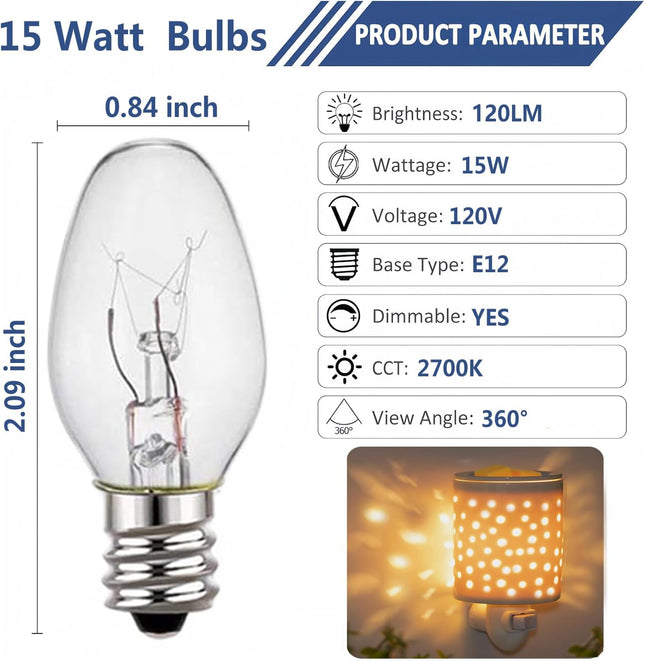 Wax Warmer Bulb - Salt Lamp Bulb - 15 Watt Light Bulbs for Scentsy Wax Warmer,C7/120V/E12 Long Lasting Nightlight Replac