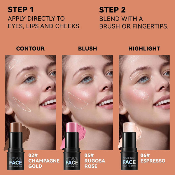 3Pcs Cream Contour Stick Makeup Kit, Shades with Highlighter, Blush and Bronzer Contour Stick for Sculpt the Cheeks, Long Lasting, Waterproof,