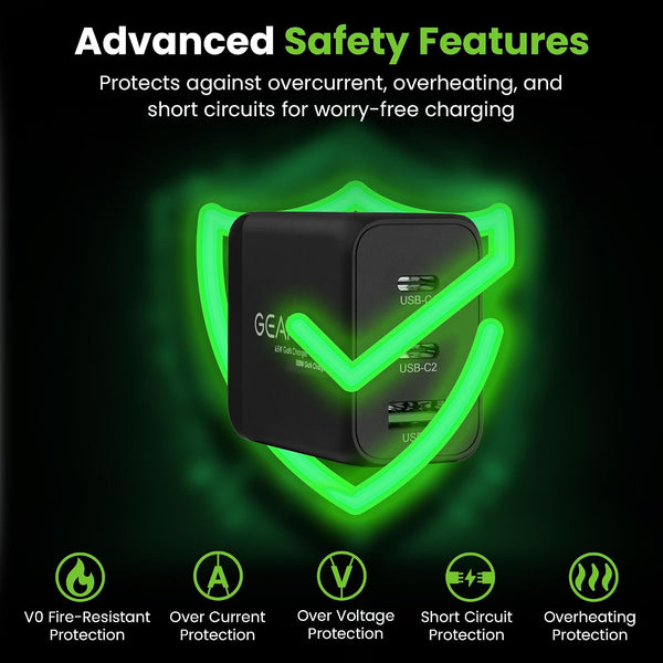GEARit 65W USB C Charger Block, GaN 3-Port Foldable Fast Wall Charger | Type-C PD 3.0 & PPS fast charging, 2 USB-C + 1 USB-A, for MacBook Pro/Air,