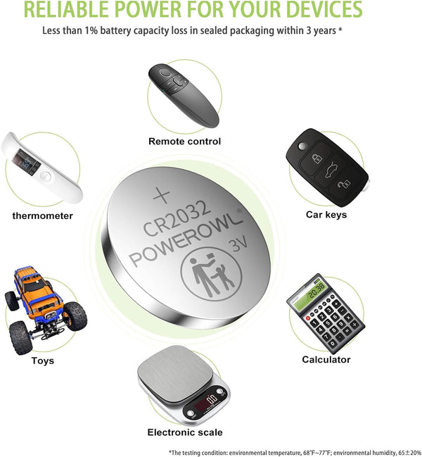 POWEROWL High Capacity CR2032 Battery (20-Pack) 3v Lithium Batteries, Leak-Free, Long Lasting Cr 2032 CR2032-20P