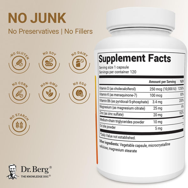 Dr. Berg Vitamin D3 K2 W/Mct Powder - Includes 10,000 IU of Vitamin D3, 100 Mcg MK7 Vitamin K2, Purified Bile Salts, Zinc & Magnesium for Ultimate