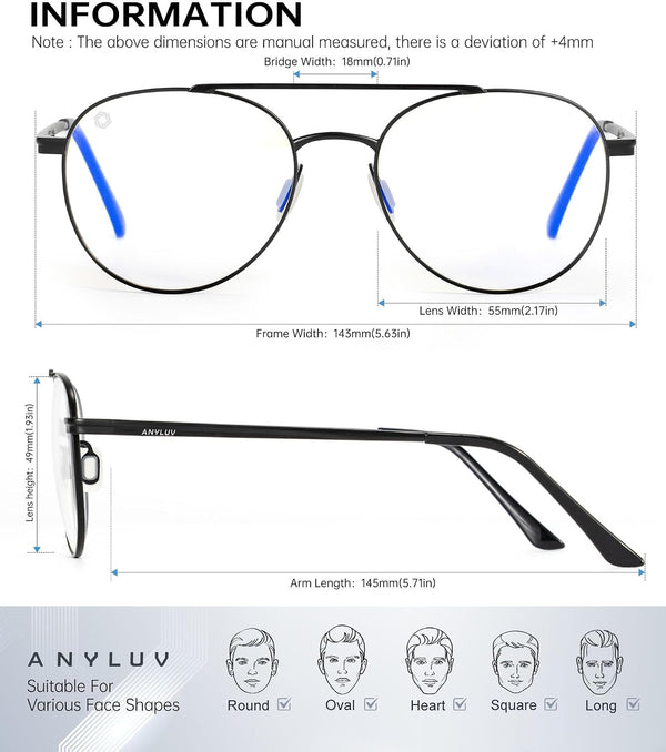 ANYLUV Blue Light Glasses for Men, Circular Frame Single Brow Bridge Design Campus Style Glasses Anti Eyestrain for Screen (Everyday Protection)