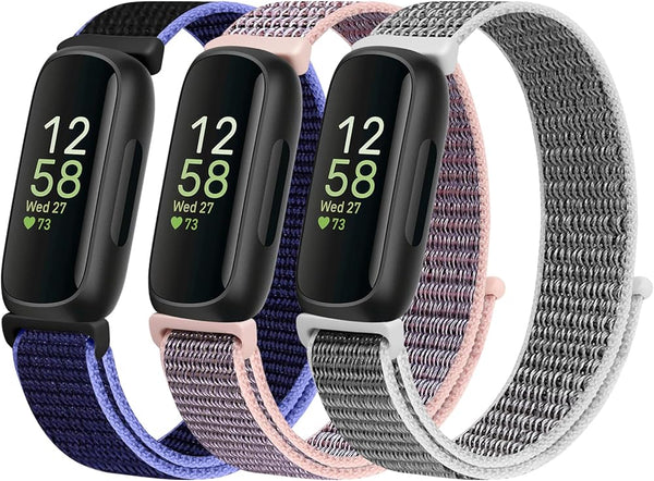 Nylon Bands Compatible with Fitbit Inspire 3/2/Hr/Ace 3/2, Breathable Sport Replacement Straps, Soft Adjustable Solo Loop, New Midnight Blue+Pink