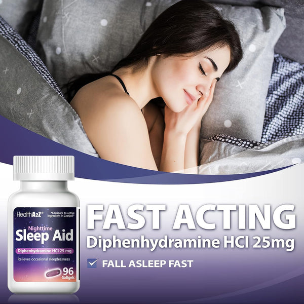 HealthA2Z Sleep Aid, Diphenhydramine HCl 25mg Softgels, Supports Deeper, Restful Sleeping, Non Habit-Forming (96 Softgels) 96 Count (Pack of 1)