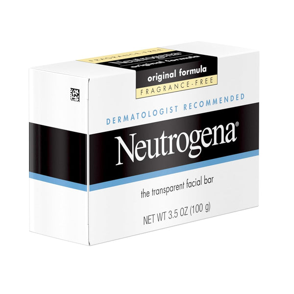 Neutrogena Original Fragrance-Free Facial Cleansing Bar with Glycerin, Pure & Transparent Gentle Face Wash Bar Soap, Free of Harsh Detergents,