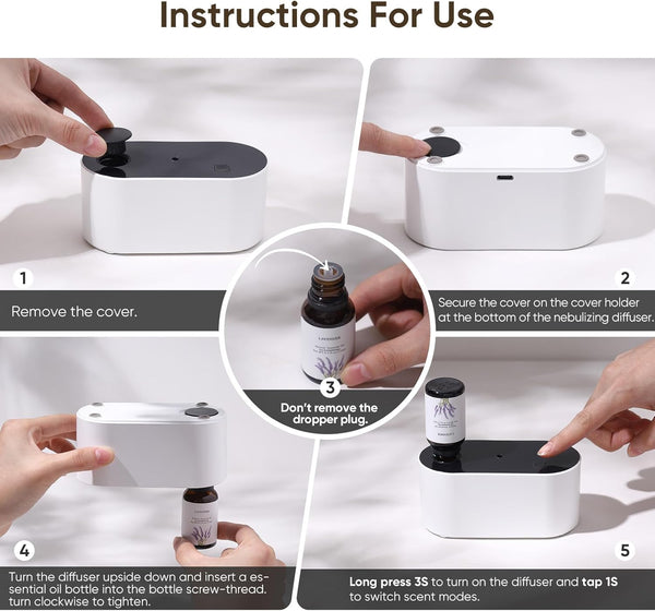 Waterless Diffuser for Essential Oil, Battery Operated Scent Air Aromatherapy Diffuser, Mini Portable Aroma Diffusers with 3 Mist Modes, Cycle
