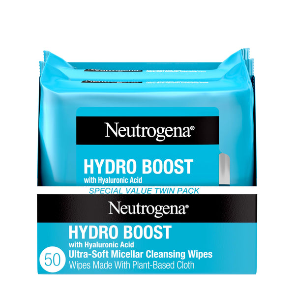 Neutrogena Hydro Boost Face Wipes + Hyaluronic Acid, Hydrating Makeup Remover Wipes Remove Dirt & Waterproof Makeup, Hypoallergenic, 100%
