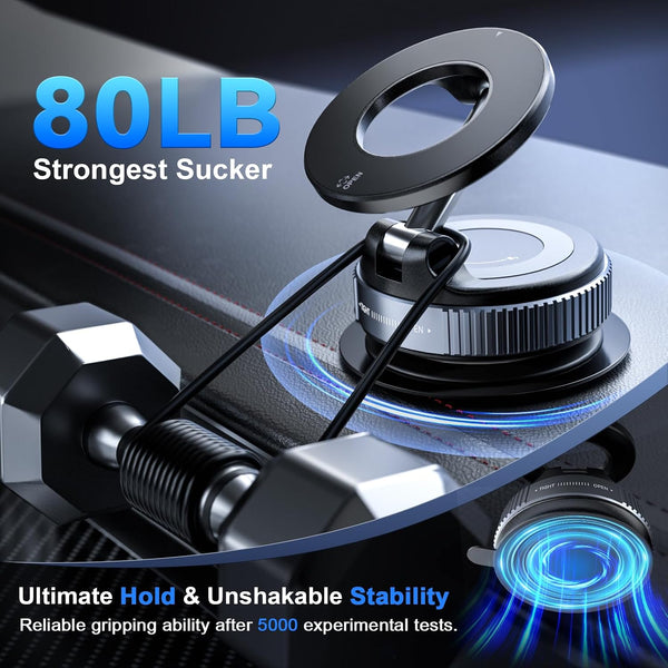 CloudValley Magnetic Car Phone Mount, Compatible with MagSafe | 360° Adjustable Foldable Holder for Dashboard, 80LBS Suction & 2800gf Magnet, Car