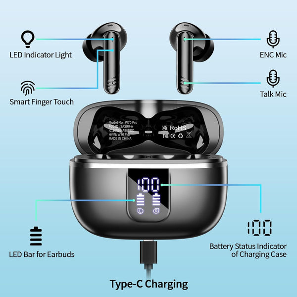 Wireless Earbuds, Bluetooth 5.4 Headphones in Ear Bass Stereo, Ear Buds with 4 ENC Noise Cancelling Mic, 38H Playtime with LED Display, IPX7
