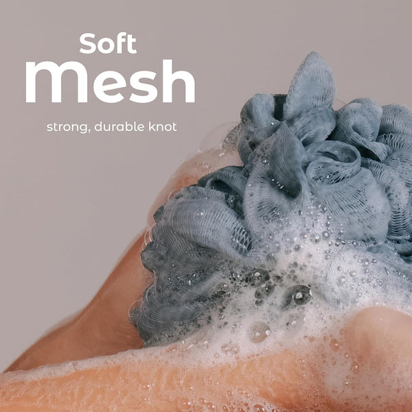 Mainbasics Bath Shower Loofah Sponge Pouf Body Scrubber Exfoliator Body Wash Sponge (Set of 3, Airy Blossom)