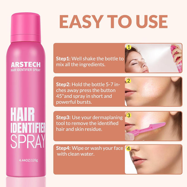 Hair Identifier Spray for Face Shaving Dermaplaning Tool Skin Body Dermaplaning Spray for Women with 4 Face Razor for Face Shaver Hair Removal Kit