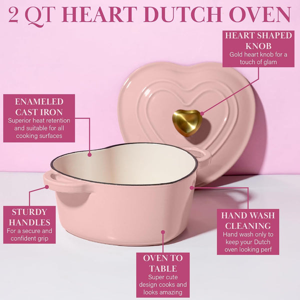 Paris Hilton Enameled Cast Iron Dutch Oven Pot with Lid, Heart-Shaped Dutch Oven, Durable Cast Iron Pot with Dual Handles, Oven Safe to 500°F,