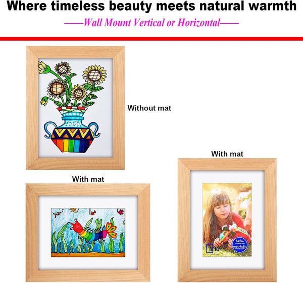 RPJC 6x8 (4x6 with Mat) Solid Wood Picture Frame Real Glass Cover Natural | Fits 4x6 with Mat or 6x8 Without Mat, Easel Back, Wall Mount or