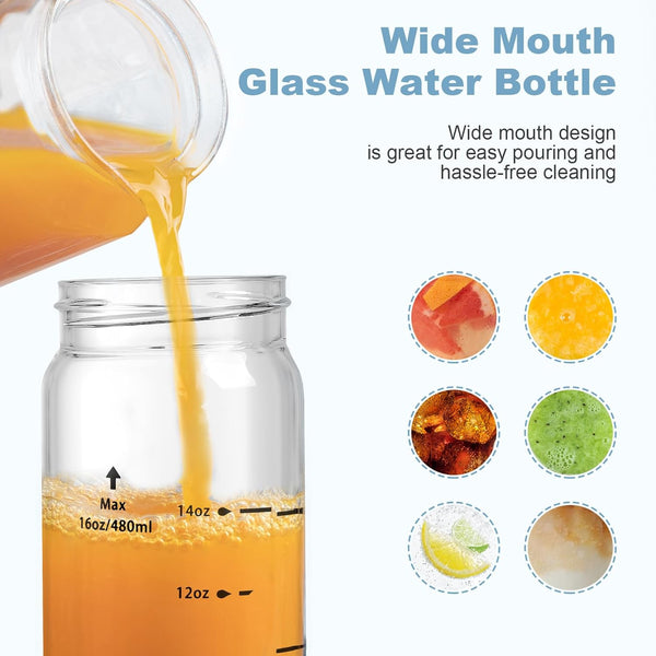 16oz Juice Bottles - 6 Pack Wide Mouth Glass Bottles with Lids- BPA Free, Stainless Steel Lids for Juicing, Smoothies, Infused Water, Beverage