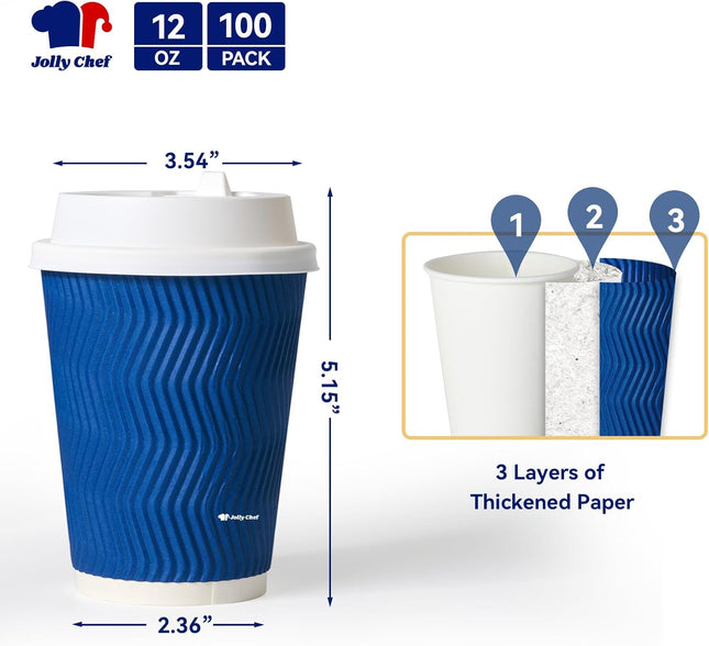 JOLLY CHEF 100 Pack Disposable Coffee Cups, 12oz To Go Paper Coffee Cups with Lids and Stirrers for Hot Beverage 12oz-10