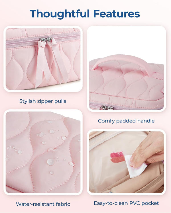 BAGSMART Travel Makeup Bag, 2-Piece Puffy Quilted Cute Make Up Bag Cosmetic Bags for Women, Large Wide-Open Toiletry Pouch Gifts for Toiletries