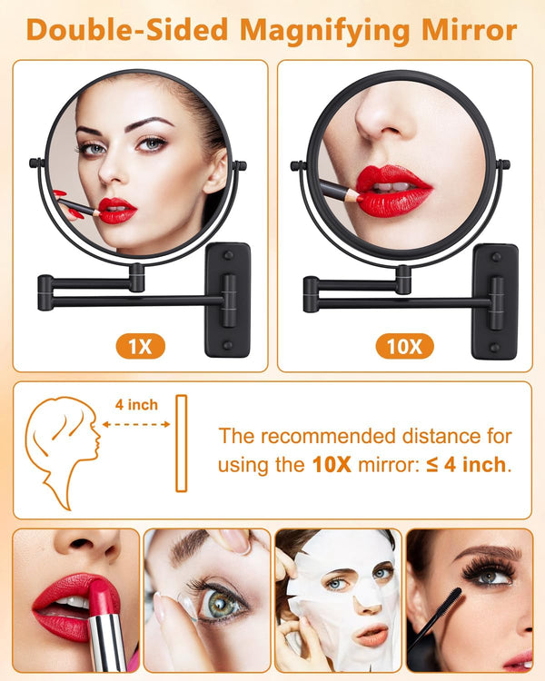 Wall Mounted Makeup Mirror - 1X/10X Magnifying Mirror for Wall, 8 Inch Double Sided 360Â° Swivel Extendable Bathroom Mirror for Shaving, Black
