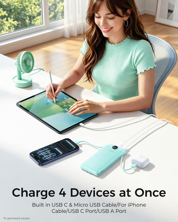 VEGER Portable Charger for Iphone with Built in Cables and Wall Plug, 10000Mah Slim Fast Charging USB C Power Bank, Travel Essential Battery Pack