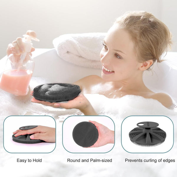 INNERNEED Food-Grade Soft Silicone Body Scrubber Shower Brush, Black+Gray | Handheld Cleansing Skin Brush, Gentle Exfoliating and Lather Well,